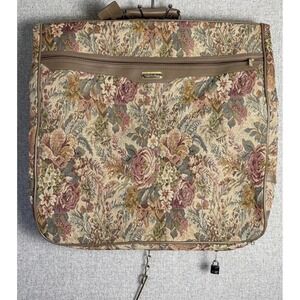 Vintage 80s Jaguar Pink Green Floral Tapestry Luggage Suit Hanging Garment Bag